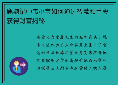 鹿鼎记中韦小宝如何通过智慧和手段获得财富揭秘